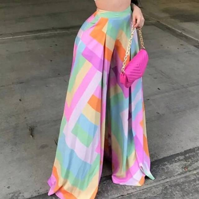 SHEIN Women&#39;s Color Block Wide-Leg Pants Loose Casual High Waist, Spring/Summer