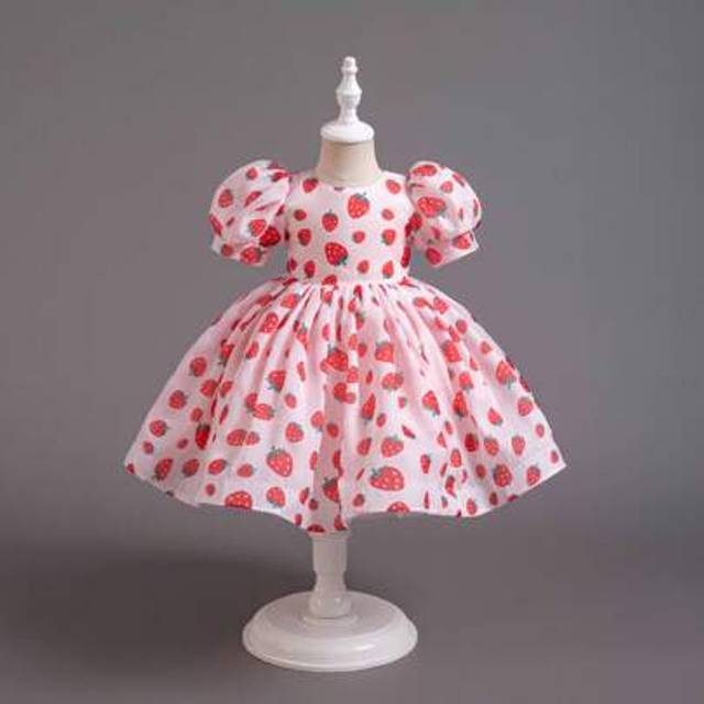 SHEIN 1pc Girl&#39;s Sweet Strawberry Puff Sleeve A-Line Semi-Formal Dress, Perfect For Birthday Party, Banquet, Princess Gown