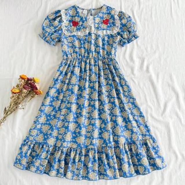 SHEIN Girls&#39; Summer Korean Style High-End Western Embroidered Collar Long Sleeve Printed Dress, Suitable For Summer Travel & Vacation