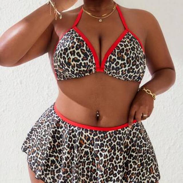 Slaydiva Plus Size 2pcs Leopard Print Random Floral Top And Pleated Mini Skirt Bikini Set For Women, Beach Holiday Vacation