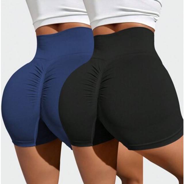 SHEIN 2pcs Women High Waist Pleated Casual Seamless Sports Shorts, Solid ColorWomen Sweat Short, Gym Short, Biker Short
