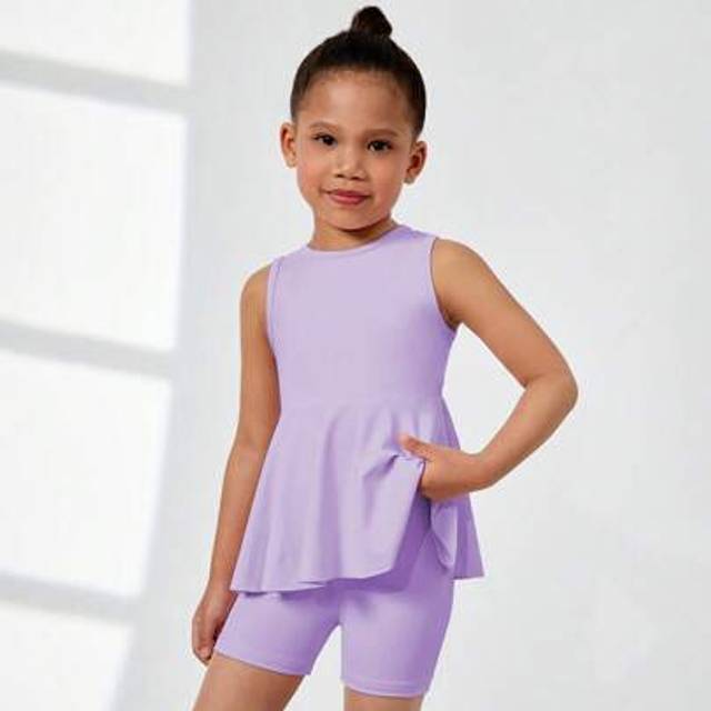 SHEIN 2pcs/Set Girls Solid Color Sweet And Lovely Casual Short Sleeve Dress And Leggings Set, Suitable For Daily Wear, Festivals, And Vacation, Summer