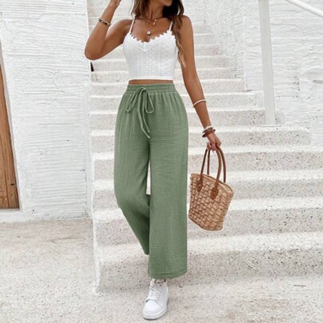 SHEIN Women&#39;s Solid Color Pants, Fashionable For Summer Sage Green Dress