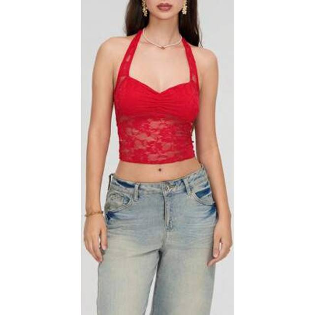 SHEIN Women&#39;s Lace Halter Tank Tops Backless Sleeveless See Through Tie Up Slim Fit Crop Vest Party Cocktail