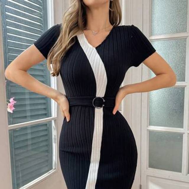 SHEIN Summer New V-Neck Black & White Contrast Sexy Bodycon Tie-Front Short Sleeve House Dress For Women