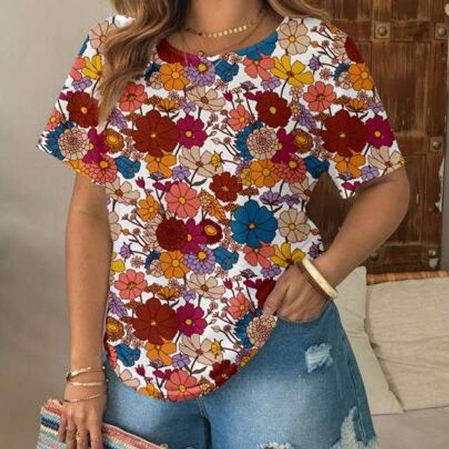 SHEIN Plus Size Women Retro Ditsy Floral Loose Fit Round Neck T-Shirt, Suitable For Summer, Rave, Music Festivals