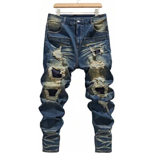SHEIN Men&#39;s Plus Size Vintage Light Blue Skinny Jeans With Distressed Details, Frayed Jeans Plain Dark Blue Slim Fit Long Ripped Cargo Jeans, For Husband, B