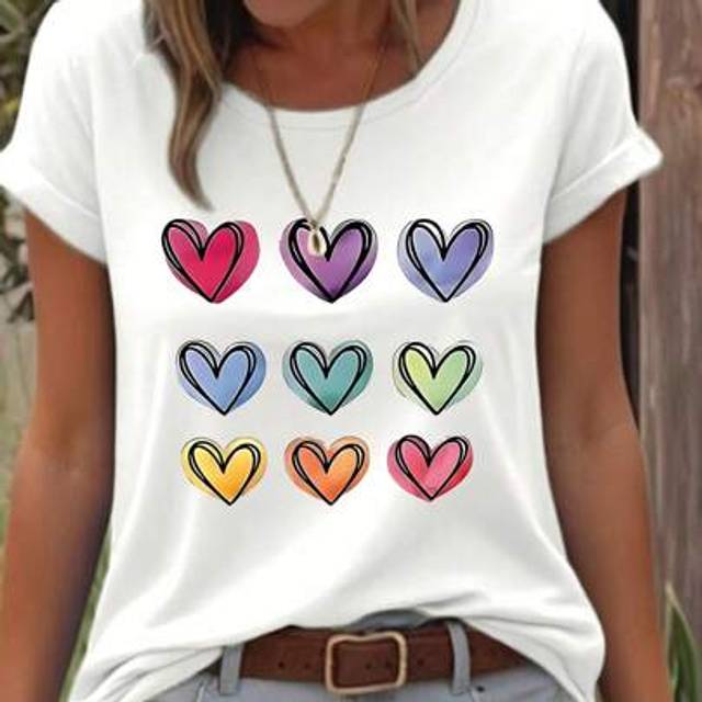 SHEIN Women&#39;s Cute Heart & Graffiti Pattern Round Neck Short Sleeve T-Shirt