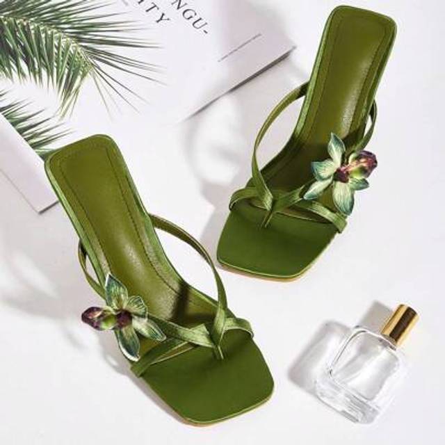 SHEIN Spring/Summer Travel & Beach Satin Flowers Open Toe Square Toe Stiletto High Heel Sandals