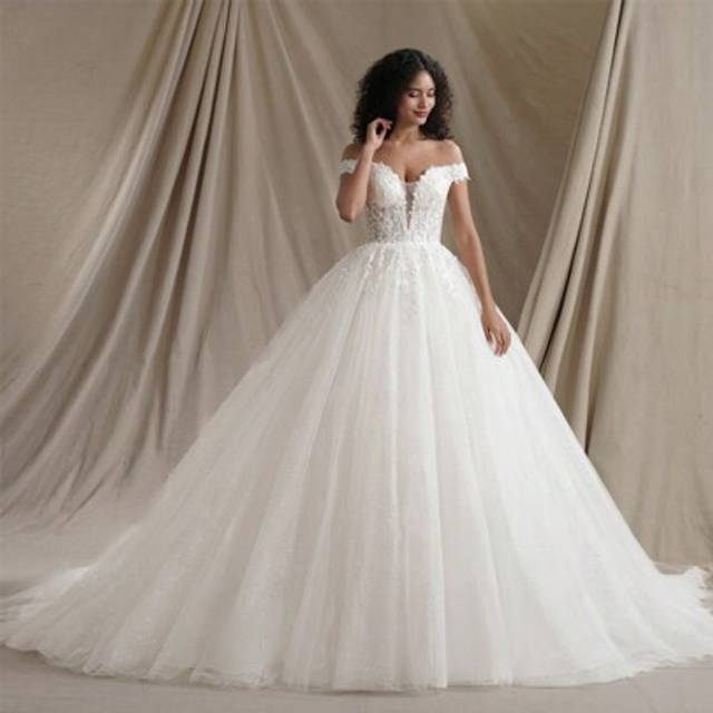 SHEIN Glitter Ball Gown Wedding Dress Off The Shoulder Shinny Lace Bridal Gown