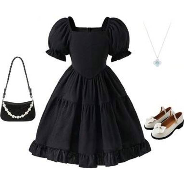SHEIN Young Girl Solid Color Short Sleeve Square Neck Fashionable Summer Dress