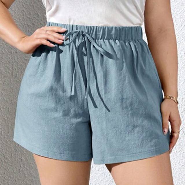 SHEIN Plus Size Women&#39;s Khaki Linen Textured Casual Shorts, Versatile For Spring And Summer