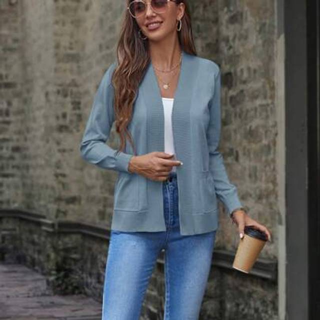 Luneh 1pc Women Casual Cardigan With Dual Pockets, Long Sleeve, Solid Color, Autumn/Winter