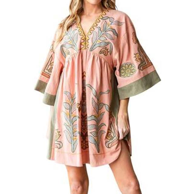 SHEIN Women&#39;s Summer Floral Print T-Shirt Dress Half Sleeves V-Neck Loose Fit Short Dress For Beach
