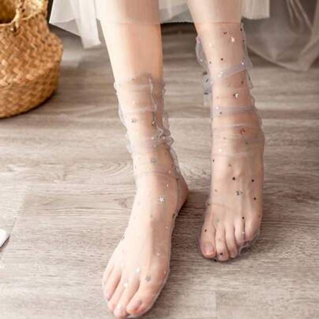 SHEIN 1 Pair Women Sparkly Star Decorated Thin Mesh Breathable Mid-Calf Socks, Summer Essentials