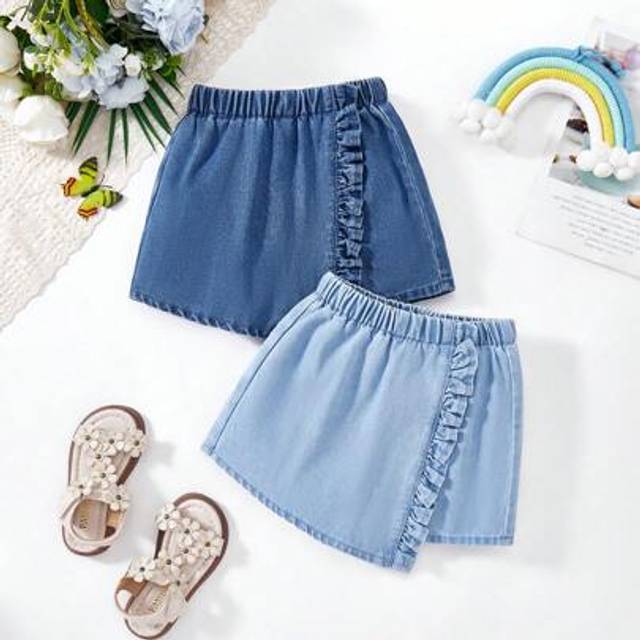 SHEIN 2pcs/Set Young Girl Navy Blue & Light Blue Denim Skirt-Shorts,Kid Girls Spring And Summer Casual Vacation Country Boho Wear, Easter Beach Outfits For