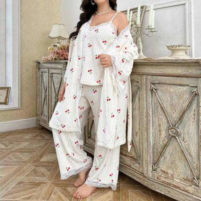 SHEIN Plus Size Lace Patchwork Cherry Print Plush Spaghetti Strap Lounge Pants Pajama Set
