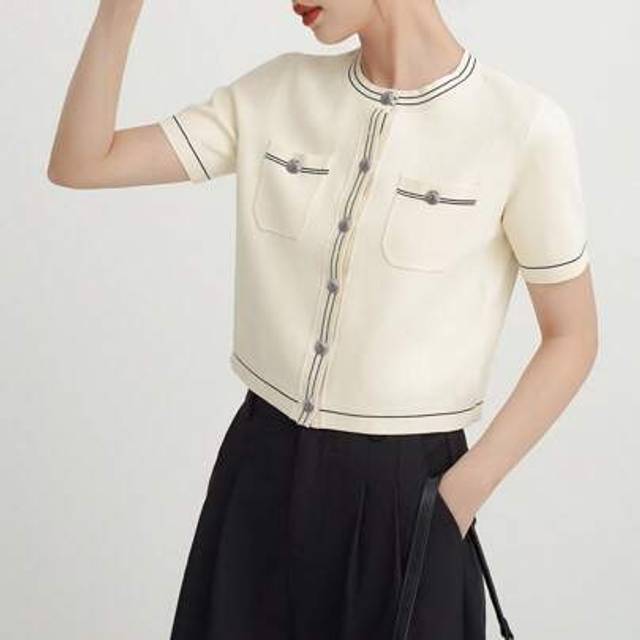 SHEIN Women Contrast Trim Round Neck Short Sleeve Cardigan, Summer