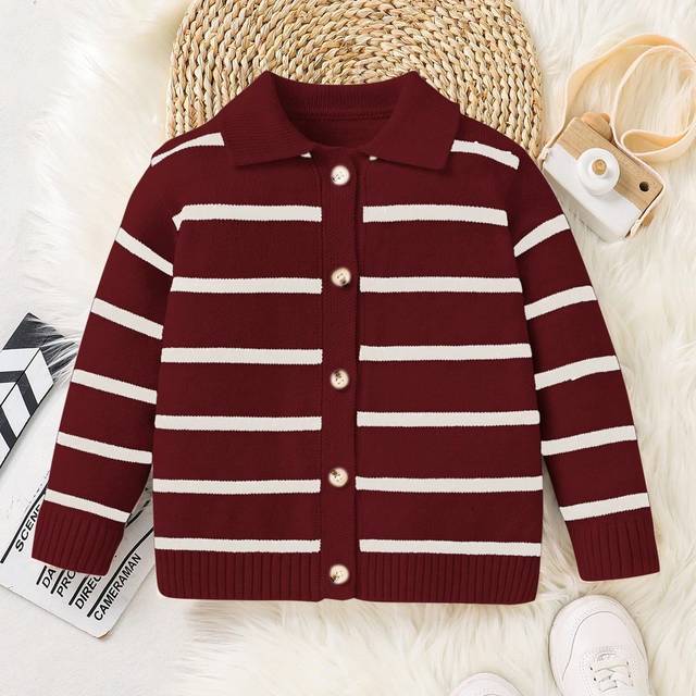 SHEIN Young Boy 1pc Casual Cute Stylish Korean Striped Long Sleeve Cardigan, Suitable For School, Travel And Autumn/Winter