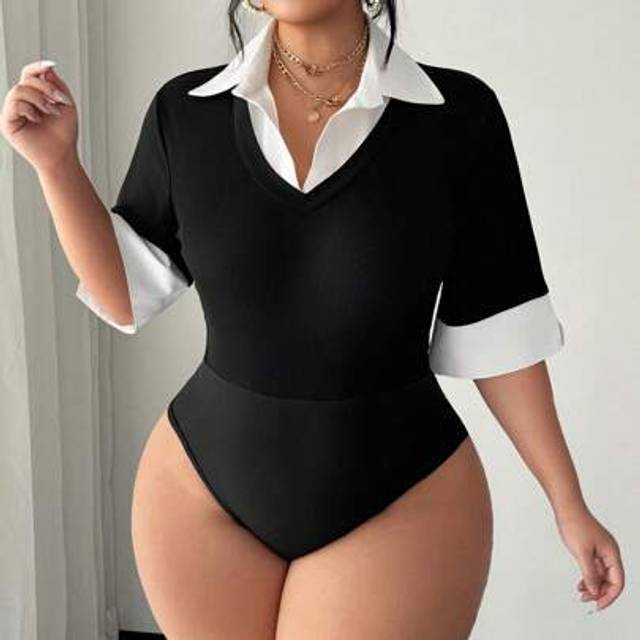 SHEIN Plus Size Women Spring/Summer Sexy Elegant Minimalist Commuter Black & White Contrast Splicing Shirt Collar 2 In 1 Bodysuit, Suitable For Everyday Wea
