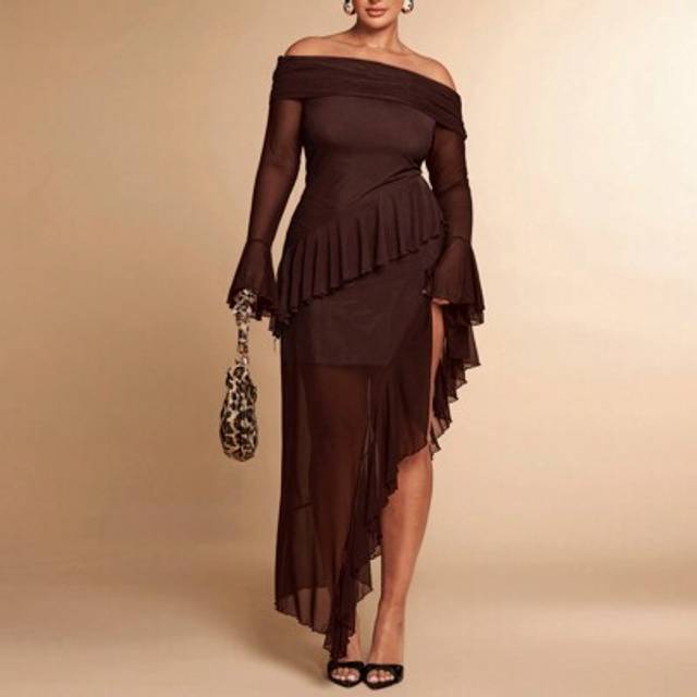 SHEIN Plus Size Women&#39;s Spring Autumn Winter Solid Black Mesh Tulle One Shoulder Ruffle Decoration High Slit Hem Long Dress, Elegant Sexy Dress, Sweet Dress