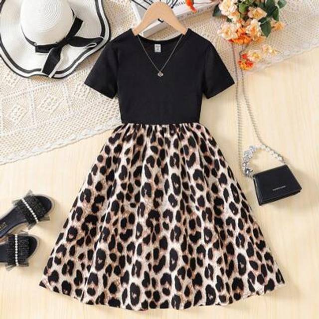 SHEIN Tween Girls Black Knitted Leopard Print Patchwork Short Sleeve Dress, Comfortable Casual Stylish Everyday Wear, Spring/Summer,Holiday Summer Travel