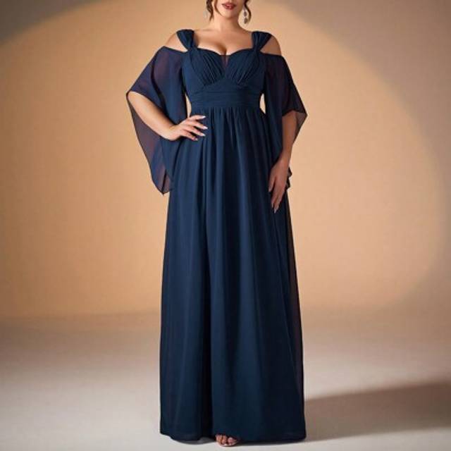 SHEIN Mgiacy New Arrival Off Shoulder Elegant Bridesmaid Dress Ruched Flounce Sleeve Chiffon Long Dress