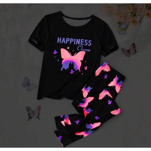 SHEIN 2pcs Teen Girls Pajama Set With Cute Glow-In-The-Dark Butterfly Print, Short Sleeve Top & Pants, Soft & Comfortable, Simple Design For Easy Matching,
