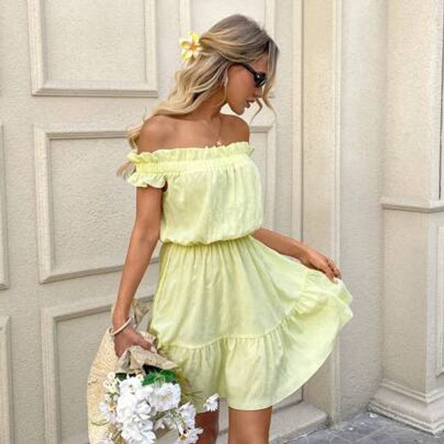 SHEIN Butter Yellow Easter Dress Off-Shoulder Romantic Yellow Short Dress For Women, Suitable For Summer Vacation, Romantic Dates, And Casual Outings Woman