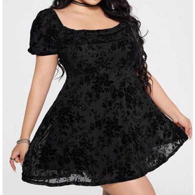 SHEIN ICON Plus Size Women&#39;s Black Dress With Swing Collar And Puff Sleeves