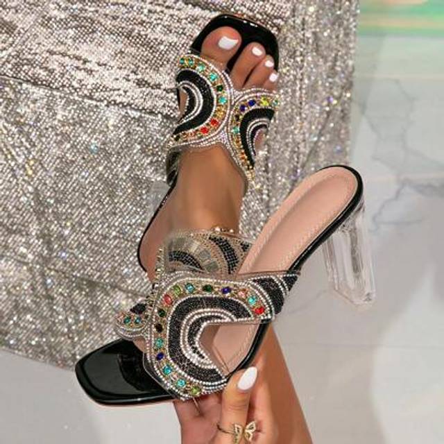SHEIN Women&#39;s Transparent Crystal Beads & Pearl Embellished Black High Heels, Crystal Chunky Heels Sandals With Ankle Strap, Square Toe Elegant Dressy Slip-