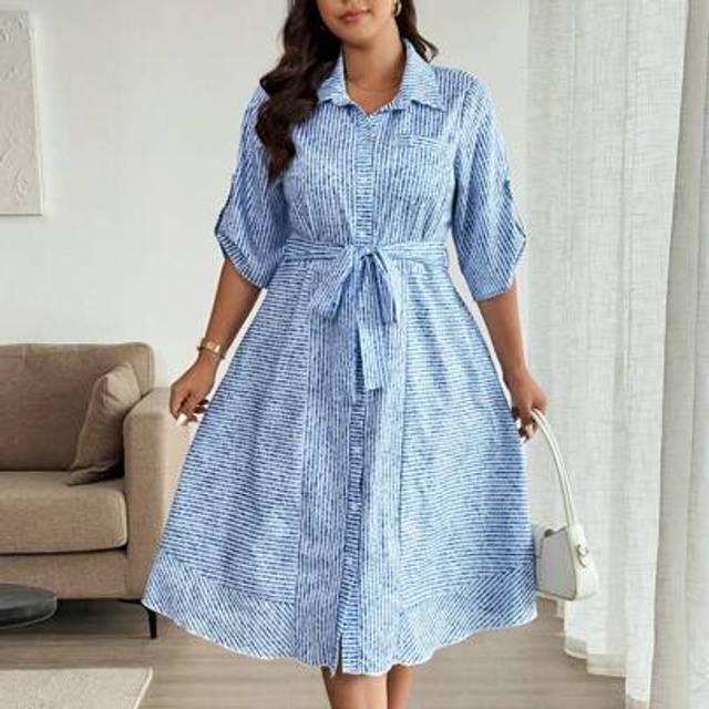 SHEIN Plus Size Women Striped Shirt Dress, Collared Button, Self-Tie Waist, Short Sleeve, Casual Summer Outfit, Business Casual