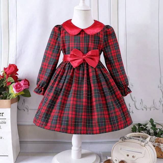 SHEIN Young Girl Tartan Print Peter Pan Collar Bow Front Dress for Christmas