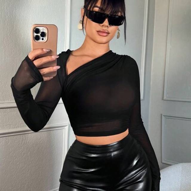 SHEIN Plus Size Women Sexy Asymmetric Neck See-Through Mesh Blouse