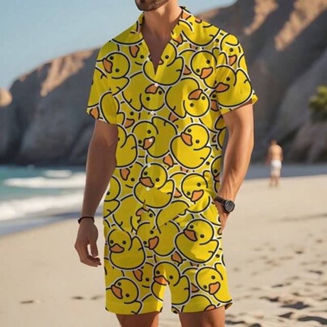 SHEIN 2pcs Men&#39;s Cartoon Printed Button Front Short Sleeve Shirt And Pocketed Shorts Casual Set