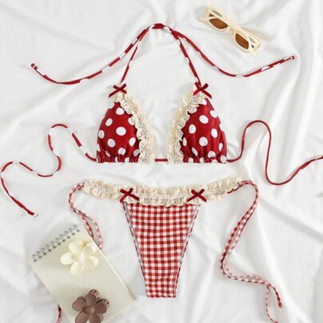 SHEIN New Soft Polka Dot Lace Ruffle Bow Decor Halter Tie Sexy Party Bikini Set, Women Elegant Summer Beach Fashion Swimwear