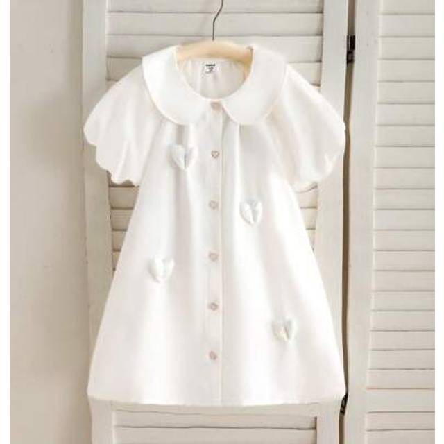 SHEIN Young Girl Valentines Day Fashion Pink Collar Puff Sleeve Solid Color Heart Decorated Button-Up Casual Summer Dress