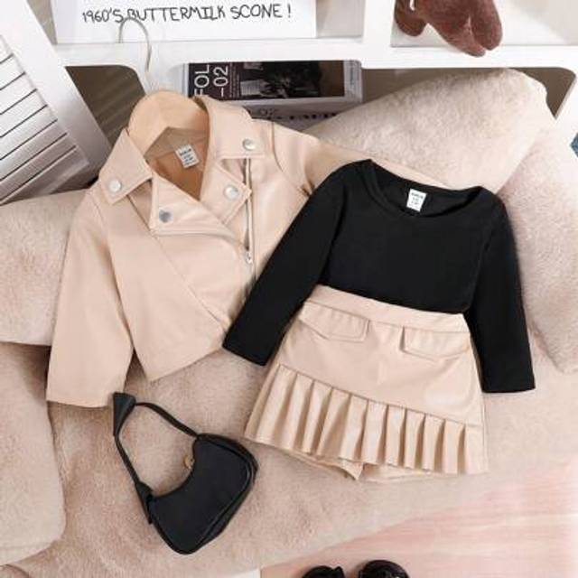 SHEIN 3pcs Baby Girl Elegant Cool Street Style Outfit: White Zip-Up Jacket, Matching Skirt Shorts, Black Long Sleeve T-Shirt, Spring/Autumn