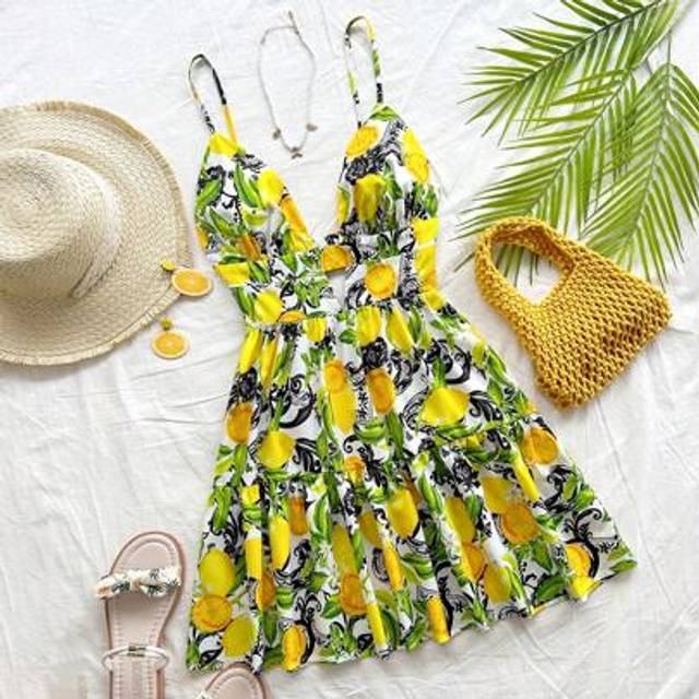 SHEIN Vacation Women&#39;s Colorful Lemon Print Mini Dress