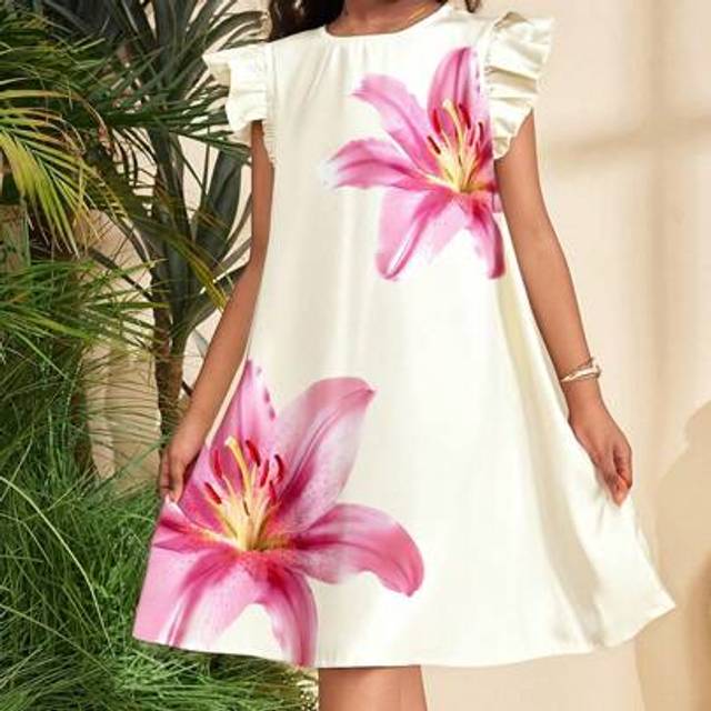 SHEIN Cream Large Floral Print Casual Floral Pattern Ruffle Sleeve Dress For Tween Girls, Suitable For Summer