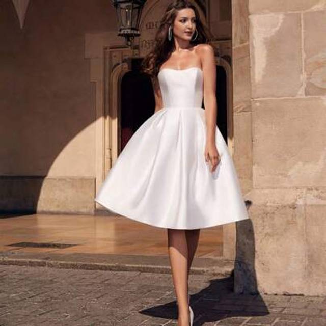 SHEIN Short Wedding Dresses Back Lace Up Beach Bride Gowns Princess Wedding Party Tube Tops Graduation Dress With Pockets