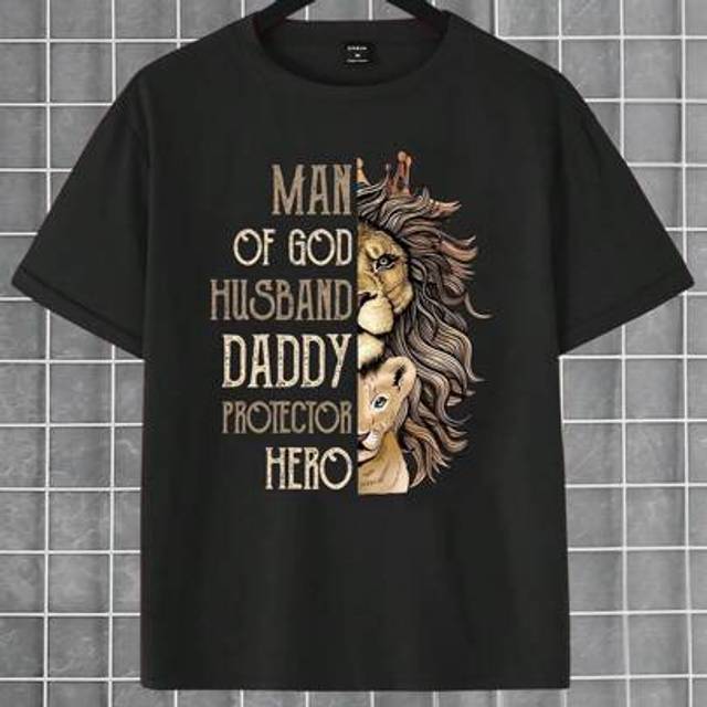 SHEIN Father&#39;s Day Men&#39;s Casual Fashion Creative Half Lion Half Letter Graphic Print Relaxed Fit Holiday Basic Short Sleeve T-Shirt