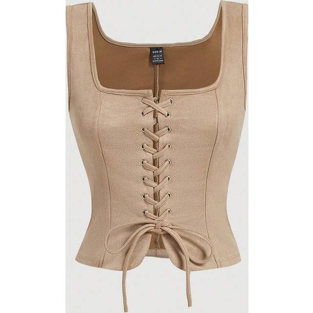 SHEIN Lace Up Front Brown Center Front Lace-Up Eyelets Tank Top Without Blouse
