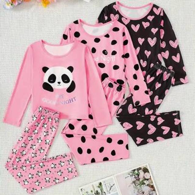 SHEIN Tween Girl 3 Piece Set Casual Pajamas, Cute Panda Heart Print Crewneck Long Sleeves And Pants, A Comfortable And Skin-Friendly Set For Everyday Gifts