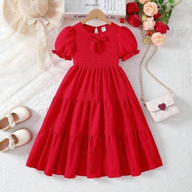 SHEIN Young Girls Red Bow Decor Short Sleeve A-Line Princess Party Dress, Suitable For Party And Holiday, Summer