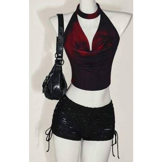 SHEIN Y2k Summer Going Out Club Concert Black And Red Western Hippie Floral Woman&#39;s Tie-Dye Mesh Print Halter Tank Top
