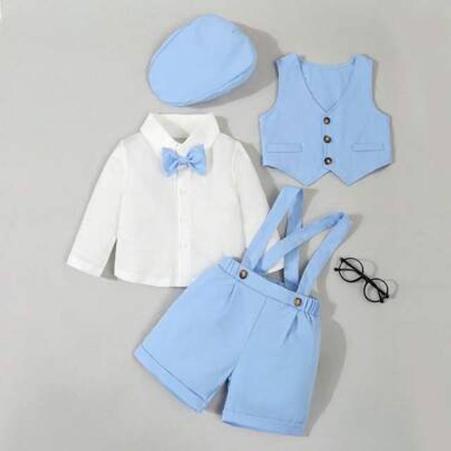 SHEIN Baby Boy Long Sleeve Solid Color Buttoned Shirt, Vest And Overalls Shorts Set With Hat, Casual Outfit