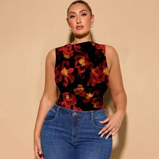SHEIN Plus Size Women&#39;s Floral Print Pleated Bodysuit, Sleeveless And Fitted Mesh See-Through Bodysuit
