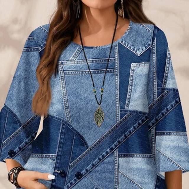 SHEIN Casual Minimalist Plus Size Women&#39;s Denim Effect Shirt