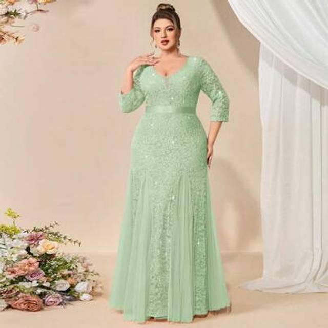 SHEIN Plus Size Deep V-Neck Sequin Floral Lace Contrast Mesh Mermaid Hem Evening Party Formal Maxi Dress